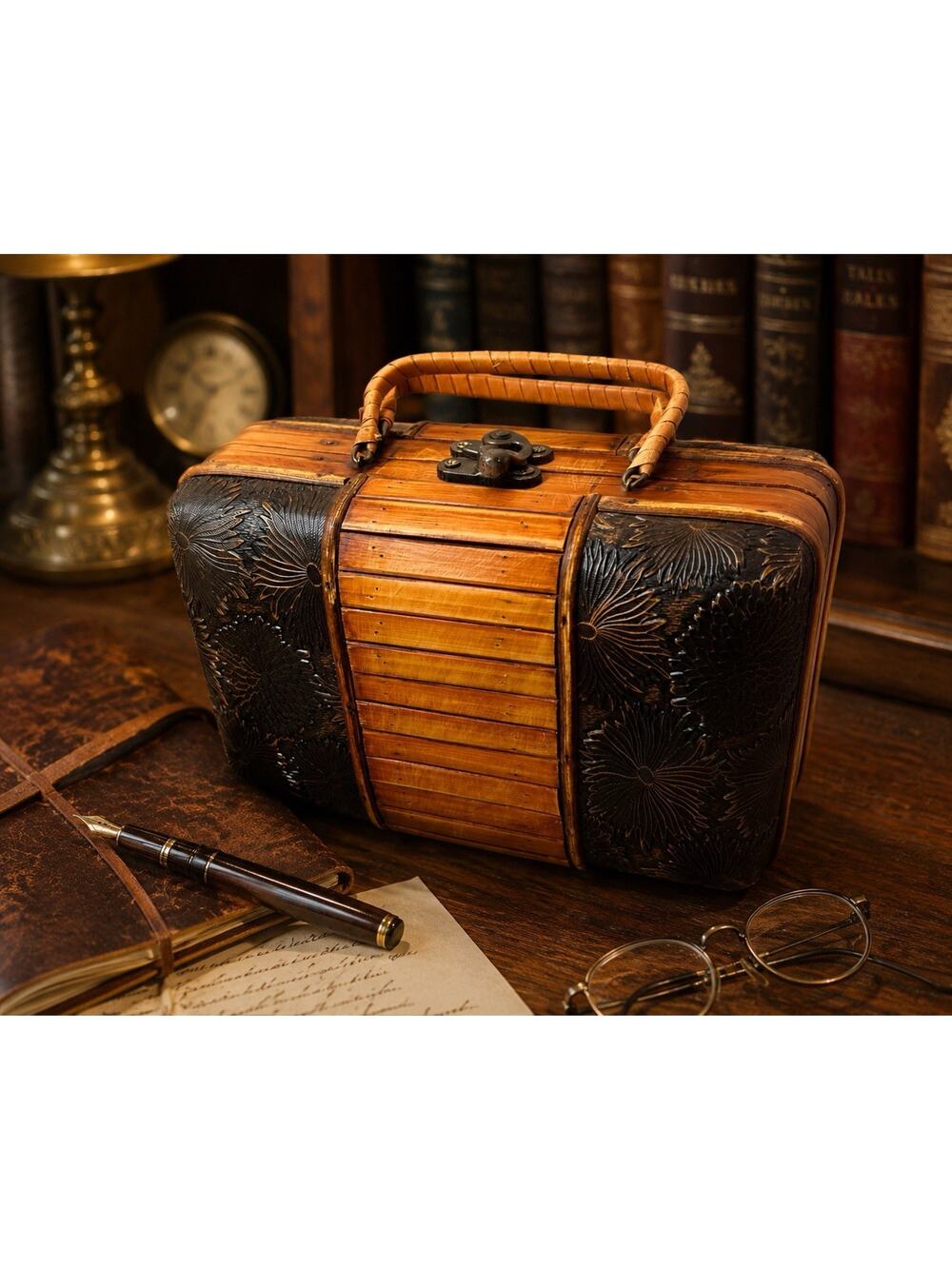 Vintage Bamboo & Embossed Leather Decorative Box Purse Trinket Storage Case